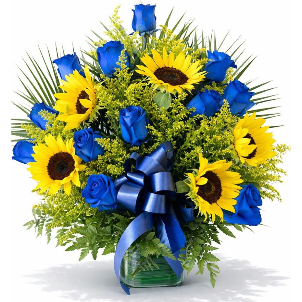 cube sunflower blue roses