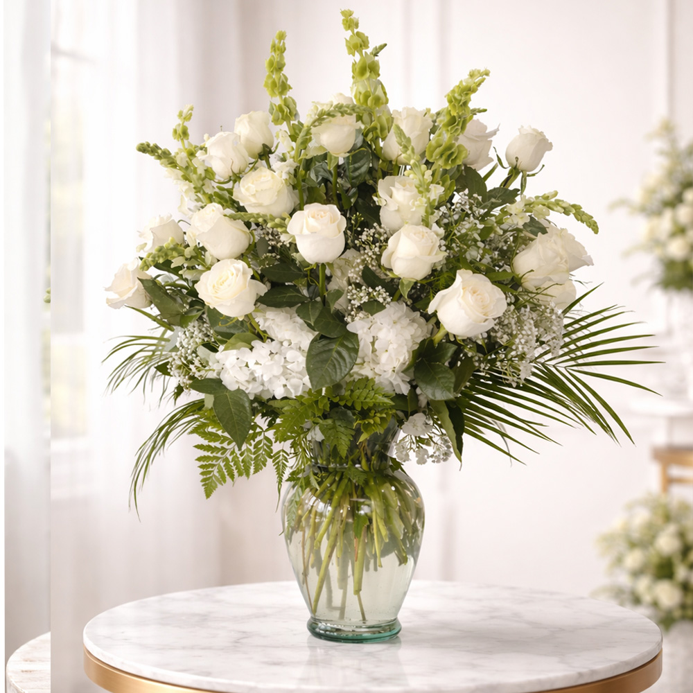25 white roses and hortensias