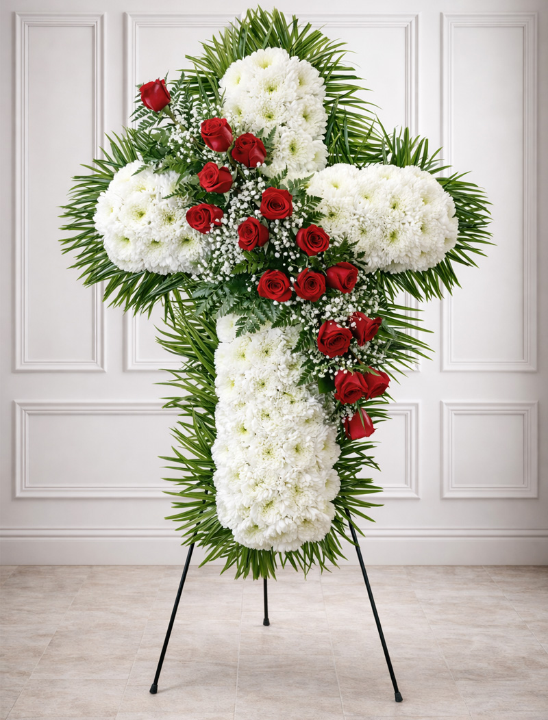 cross red roses flowers funeral