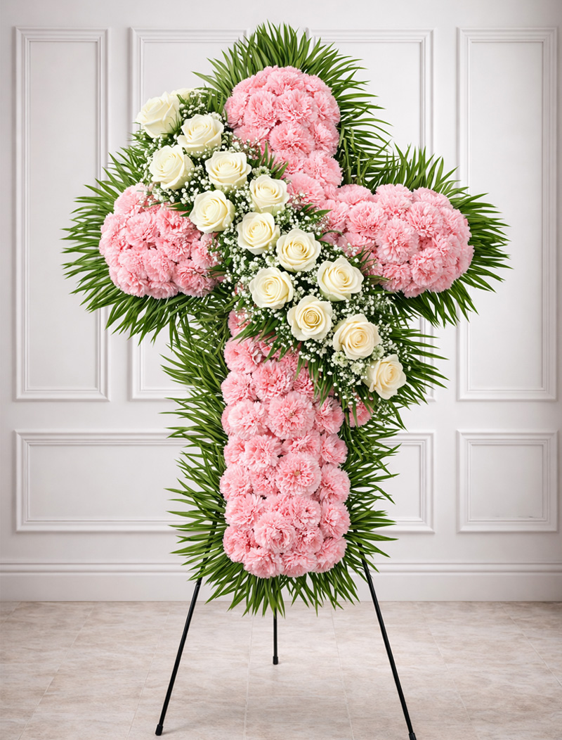 Sacred Cross pink white funeral flowers