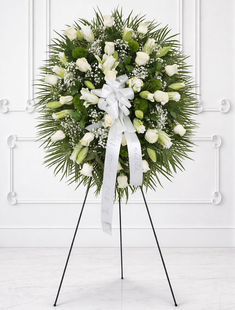 funeral standard spray 25 white roses and lilies