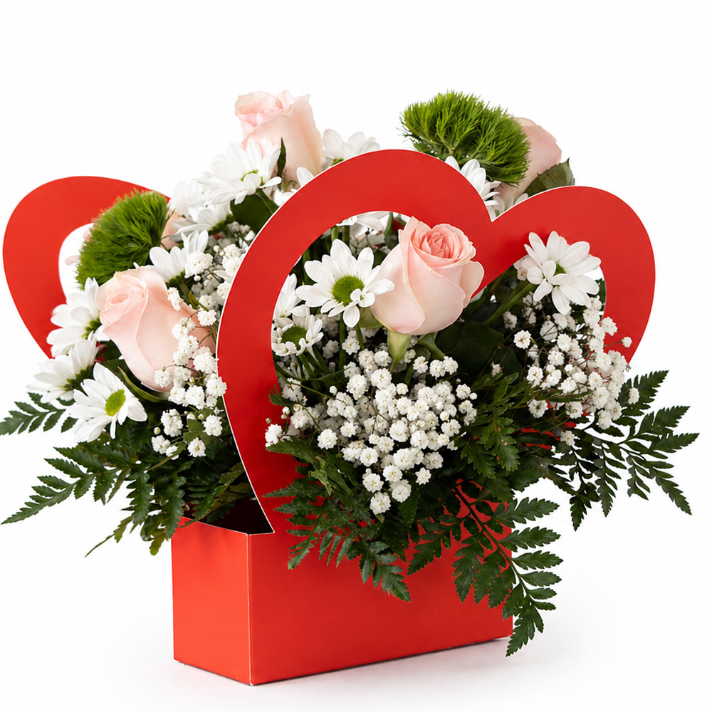 Love Heart Red. Flowers Pink