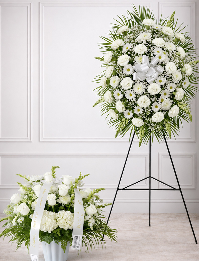 Two-Piece Funeral Set Standing Spray & Floral Basket White