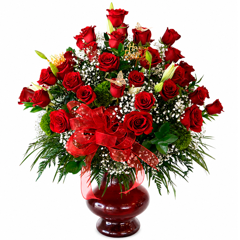 50 Premium Red Roses Arrangement in Elegant Red Vase